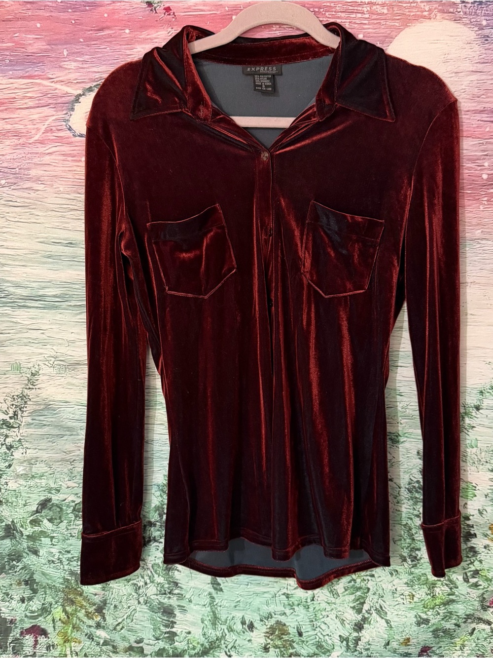 Express Women's Velvet Button-Up Shirt - Burgundy